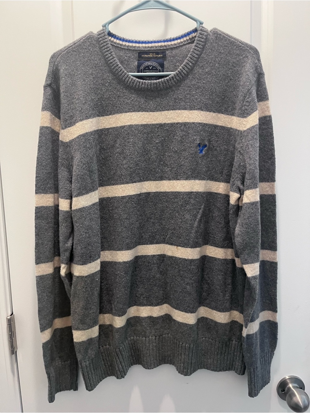 American Eagle Outfitters Gray and Cream Striped Crewneck Sweater